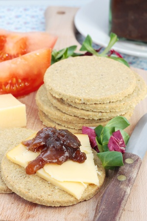 Scottish oatcakes with cheese and chutneyの写真素材