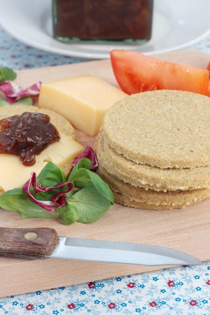 Scottish oatcakes with cheese and chutneyの写真素材