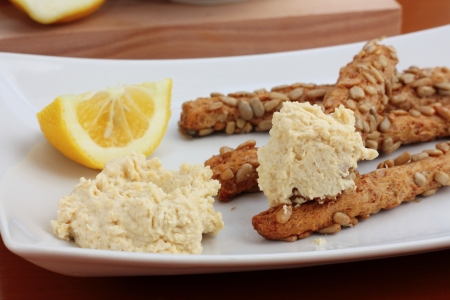 Hummus and bread sticksの写真素材