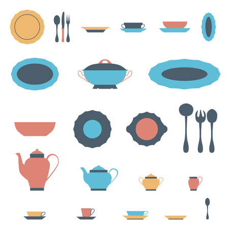 Set of kitchen utensil and collection of tableware illustration - dishes, cutlery, tea pot and cups.のイラスト素材