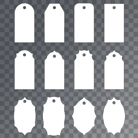 Blank sale or gift tags set. Hang tags on transparent background. Rectangular, star and badge shape. Shopping label with place for price and discount captions. illustration.のイラスト素材