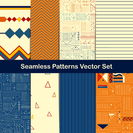 Set of eight seamless geometric patterns with ethnic and tribal style ornament elements. Vector illustrations.のイラスト素材