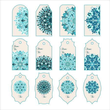 Set of Christmas and New Year's gift tags with Snowflakes. Perfect for holiday greetings, presents.のイラスト素材