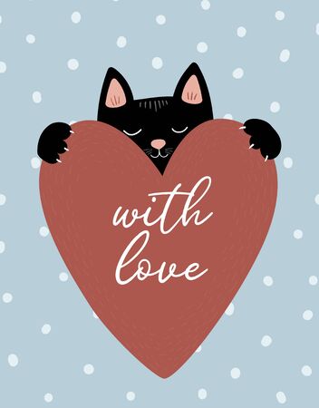 Cute poster. Valentineâs day greeting cards. Vector illustration of cat in love with big heart on polka dot background. With lettering - 'with love'のイラスト素材