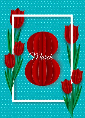 Happy women's day. Postcard for March 8. Number 8, red tulips in paper style. You can write a wish, poems. Modern design, minimalism, fashionable turquoise color and pink number 8 are perfectly combined. You can use it as a greeting card with wishes, as a background for a screen saver on your desktop.のイラスト素材