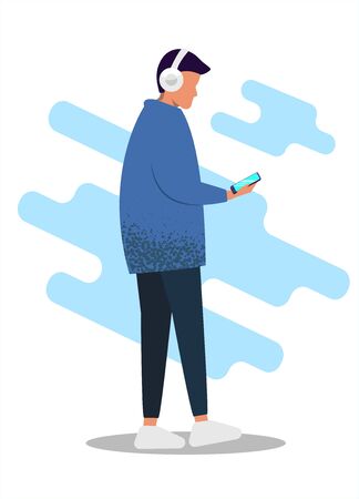 A young man in universal clothing with headphones and a smartphone. Listening to music, modern design, businessman vector isolated characterのイラスト素材
