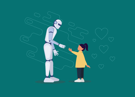 Robotic friend for a little girl flat. Robot holding a little girl hand. Futuristic assistant, nanny for children of a linear nature. The invention of artificial intelligence for child safety. Vectorのイラスト素材