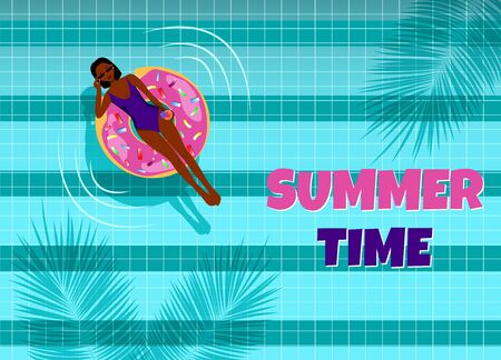 Afro-American girl in the pool. Summer illustration. Summer banner. Vector illustartionのイラスト素材