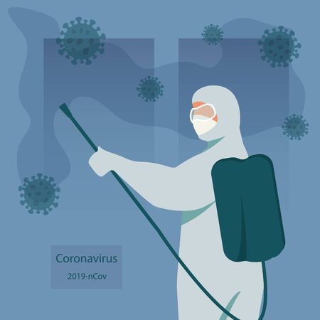 Men wearing chemical protective suit. Spraying chemicals to protect the virus 2019-nCoV concept. MERS-Cov middle East respiratory syndrome virus , Novel virus 2019-nCoV Concept of virus quarantine Vector illustrationのイラスト素材