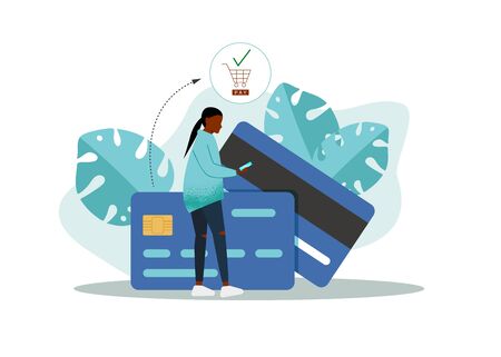 Vector flat style illustration, african american woman in front of a huge cell phone. Credit card icon on the screen of smartphone. Minimalism design with exaggerated objects. Online payment concept.のイラスト素材