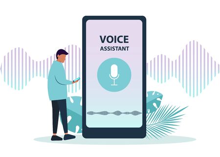 Male character using voice control for his phone. Isolated vector illustration of voice remote with character and phone.のイラスト素材
