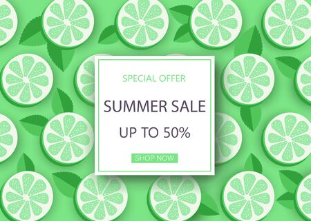 Super sale banner with symbols for summer time such as lime.Vector illustration of discount template card, summer wallpaper, summer flyer, invitation, poster, summer brochure, voucher.のイラスト素材