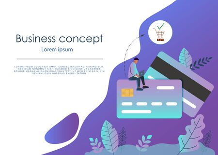 Banking business concept illustration of man sitting on credit cards and using computer for online banking and business. Flat businessmen with credit cards. Vector business backgroundのイラスト素材