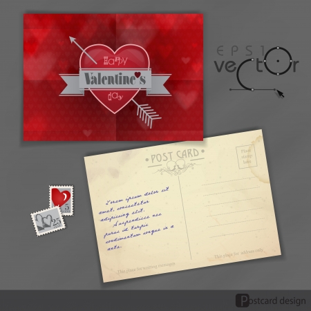 Old Postcard Design, Template. Happy Valentines Day.  Vector Illustration.のイラスト素材