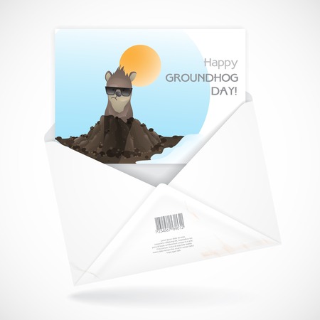 Postal Envelopes With Greeting Card. Happy Groundhog Day.  Vector Illustration.のイラスト素材