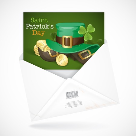St. Patrick's Day Background With Leprechaun Hat And Clover. Postal Envelopes With Greeting Card. のイラスト素材