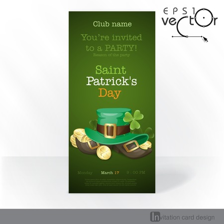 St. Patrick's Day Background With Leprechaun Hat And Clover. Party Invitation Card Design, Template. Vector Illustration.のイラスト素材