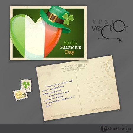Old Postcard Design, Template. St. Patrick's Day. Irish Flag In The Shape Of A Heart. Vector Illustration. Eps 10.のイラスト素材