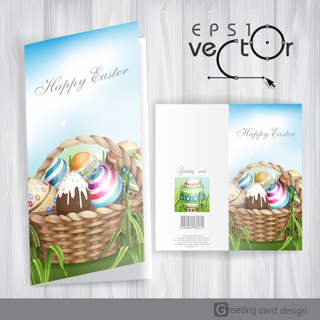 Greeting Card Design, Template. Easter Background With A Basket Full Easter Eggs. Vector Illustration. Eps 10.のイラスト素材