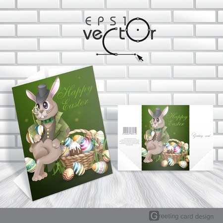 Greeting Card Design, Template. The Easter Bunny With A Basket Full Of Painted Easter Eggs. Vector Illustration. Eps 10.のイラスト素材