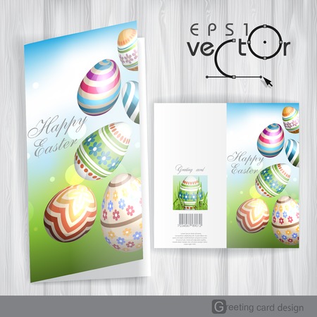 Greeting Card Design, Template. Easter Background With Eggs In Grass. のイラスト素材