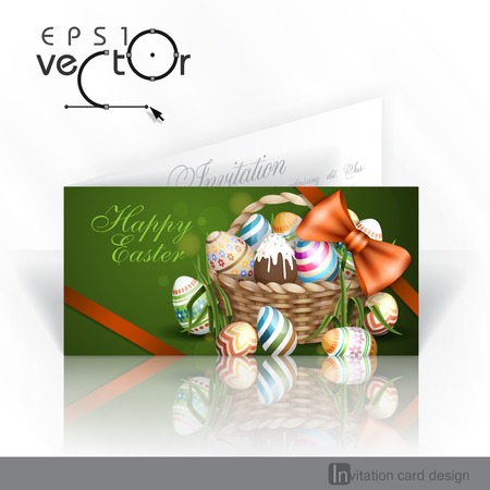 Invitation Card Design, Template. Easter Background With A Basket Full Easter Eggs. Vector Illustration. のイラスト素材