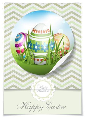 Greeting Card Design, Template. Easter Background With Eggs In Grass. のイラスト素材