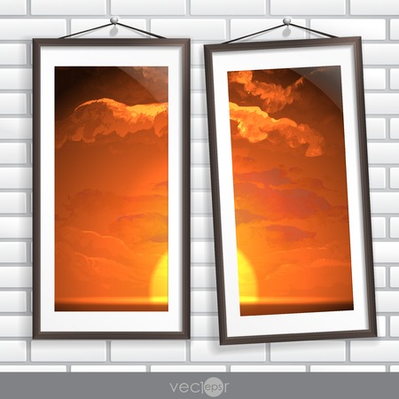 Two  Frames Of Picture On A Striped Old Wallのイラスト素材