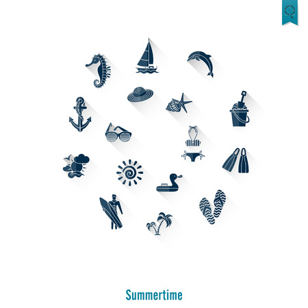 Summer and Beach Simple Flat Icons, Travel and Vacation. Vectorのイラスト素材