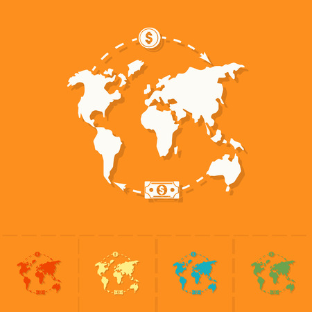 World Map and Money. Business and Finance, Single Flat Iconのイラスト素材
