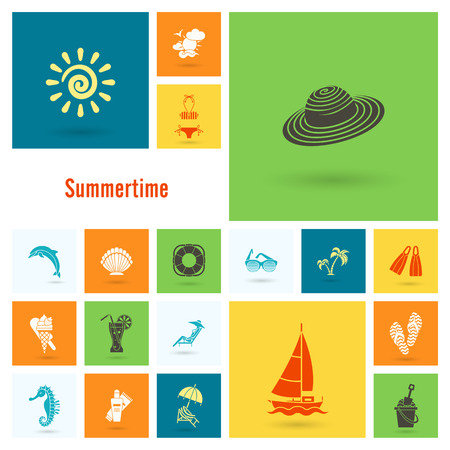 Summer and Beach Simple Flat Icons, Travel and Vacation. Vectorのイラスト素材