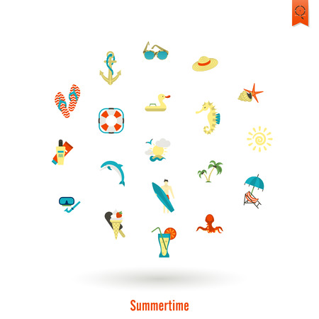 Summer and Beach Simple Flat Icons.のイラスト素材