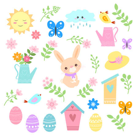 Happy Spring and Easter design of cute bunny among spring flowersのイラスト素材