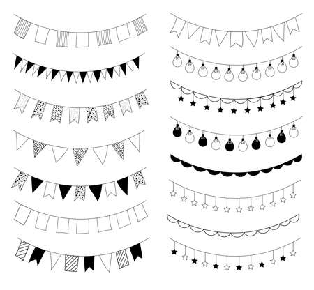 Garland of flags and Lights. Doodle freehand illustration. Vector. Holiday decoration. Contour black and whiteのイラスト素材
