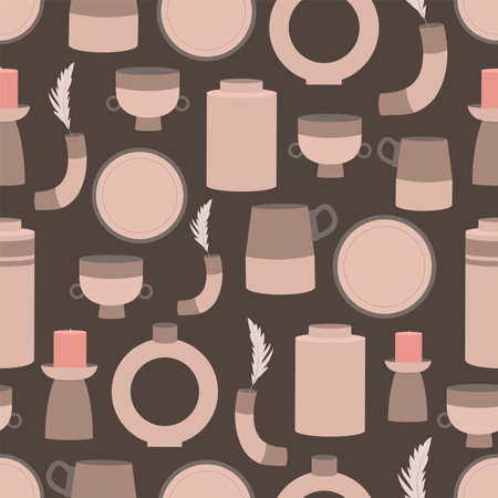 Seamless pattern with Hand drawn set of handmade ceramics. Prints for textiles, gift paper and souvenirs. Decorative tableware isolated on white background. Vector illustrationのイラスト素材