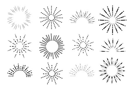 Vintage hand drawn sunbursts Light rays of burst in Different Shapes. Decorative Trendy Doodle elements and frames. Hipster Vector Geometric shapes stars and bordersのイラスト素材