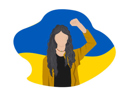Demonstration, revolution, protest raised arm fist Opposite girl with yellow and blue colors of the flag of Ukraine.No war. Pray for peace Ukraine. Against fighting. Cartoon Vector flat illustrationのイラスト素材