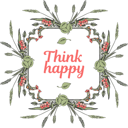 Think happy. Card template. Pink and white roses on pink striped background. Vector illustrationのイラスト素材