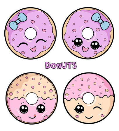 Vector illustration donuts of Kawai characters. Donut vector set isolated on a green background. Donut collection. Sweet sugar icing donuts. break time with white chocolate, strawberry and chocolateのイラスト素材