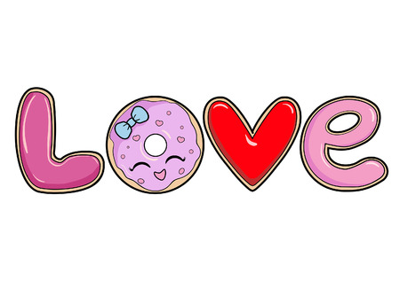 Sticker phrase. The inscription love. Isolated on white background. Smile donut. Fun cartoon icons design vectorのイラスト素材