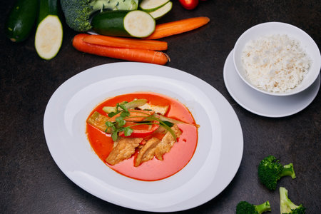 Chicken curry with rice. Pan-asian food set top view on a dark tableの写真素材