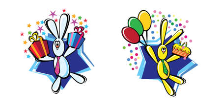 2 colorful rabbits with presents and colorful ballonsのイラスト素材
