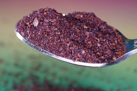 Sumac spice with macro lens photographed against colorful gradient in studioの写真素材