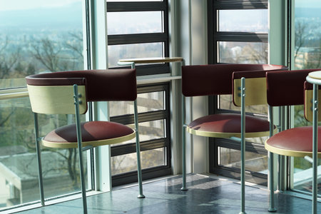 Benches and chairs at tables invite you to relax and unwind