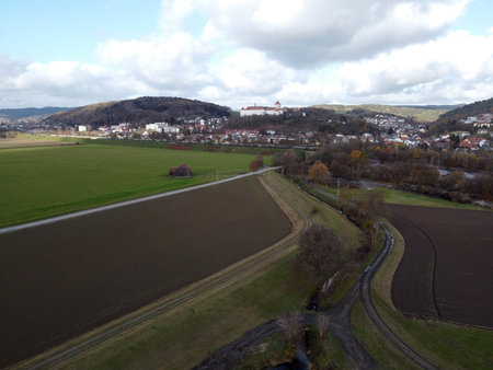Aerial photos of a field in winter landscape on a sunny cold day
