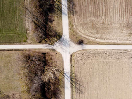 Aerial shots of a country road in Bavaria in winterの写真素材