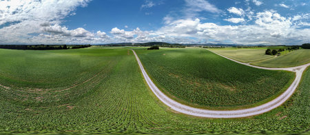 Abstract panoramic aerial view in a forest and field with fantastic beautiful clouds and curvature...
