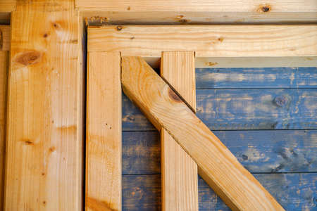 Construction made of wood in skeleton construction carpenter or carpenter work from wooden beamsの写真素材