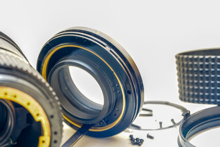 Clean and disassemble the lens for photography into its component partsの写真素材