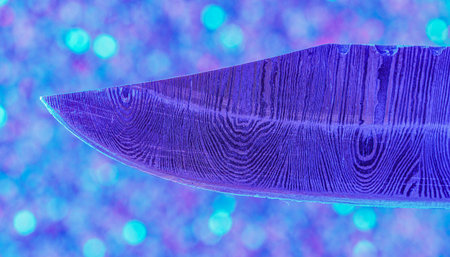 Damask Hand-forged knife made of several layers of steel with an exclusive pattern photographed in...